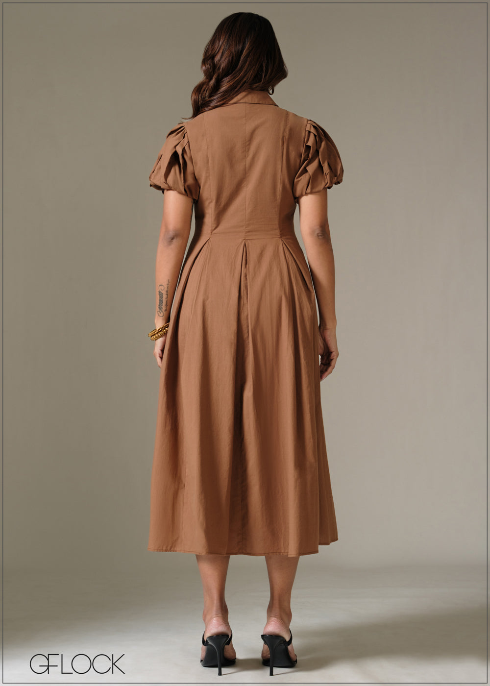 Pleated Puff Sleeve Dress - 281225