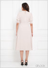 Round Neck Puff Sleeve Midi Waisted Dress - 150923