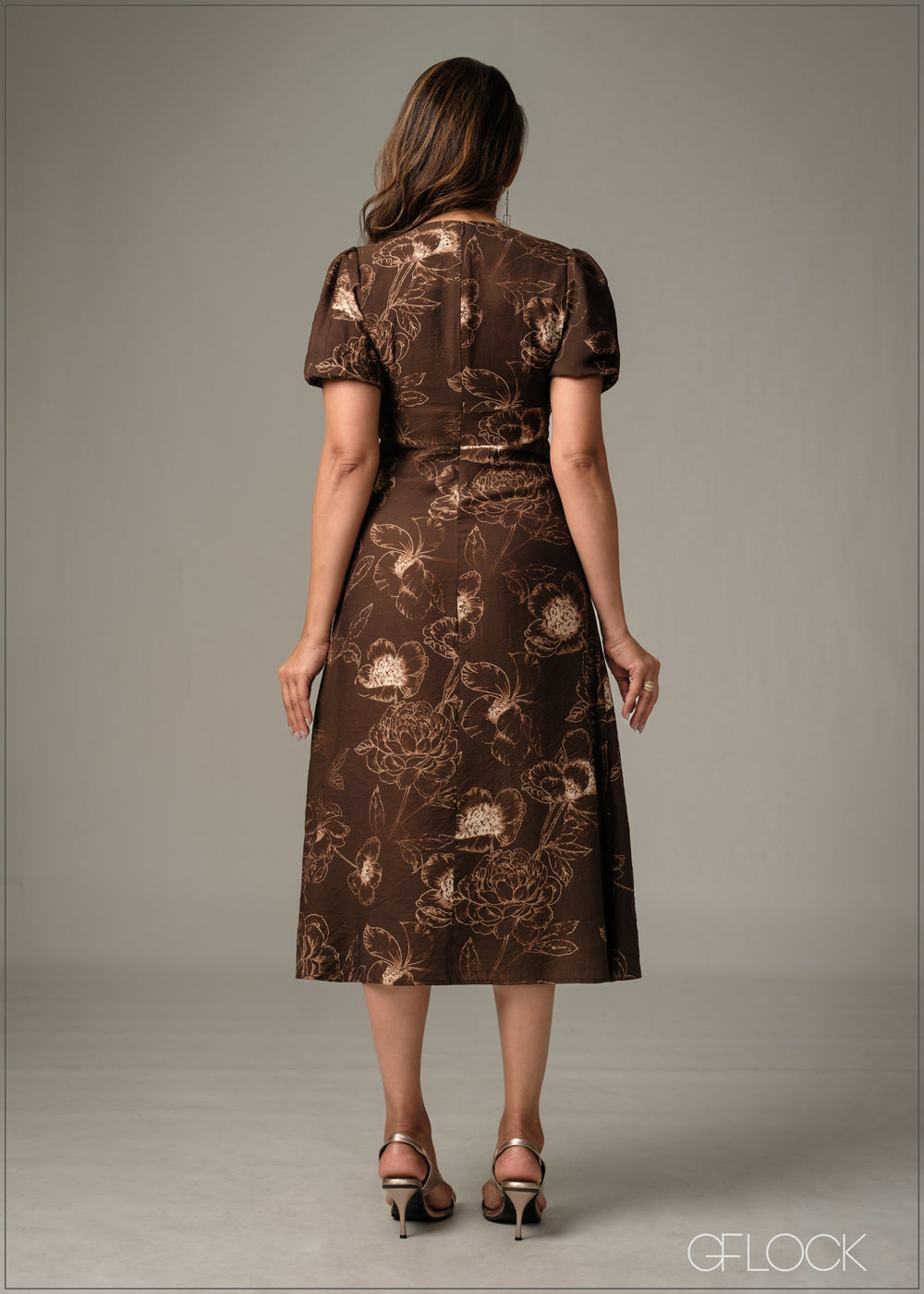 V-Neck Puff Sleeve Midi Dress - 051225