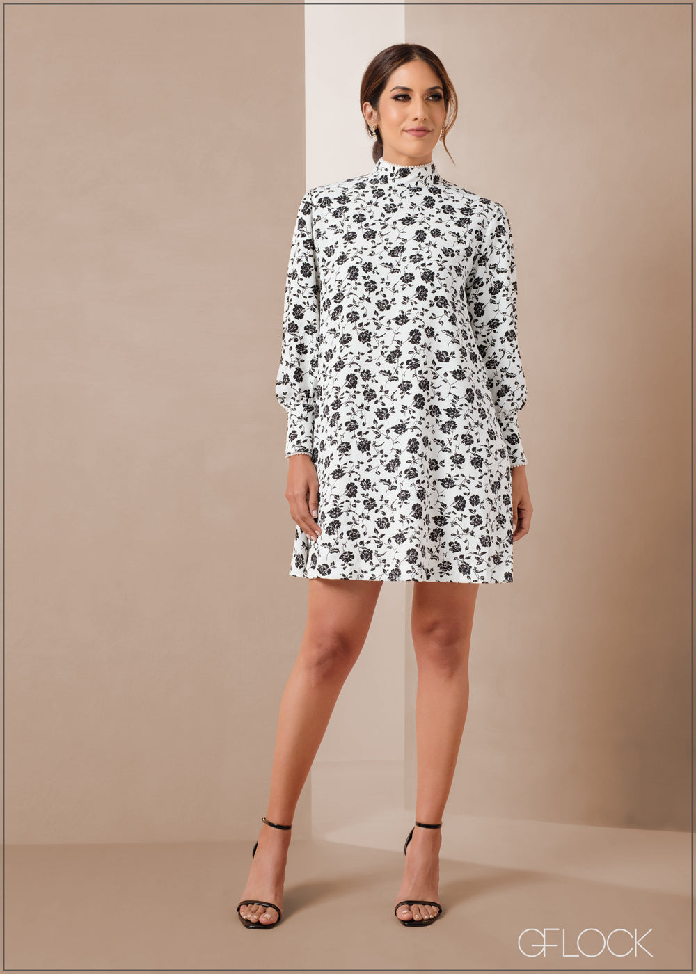 High neck long sleeve floral dress best sale