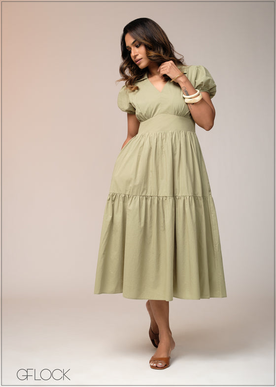 Puff Sleeve Midi Dress - 031125