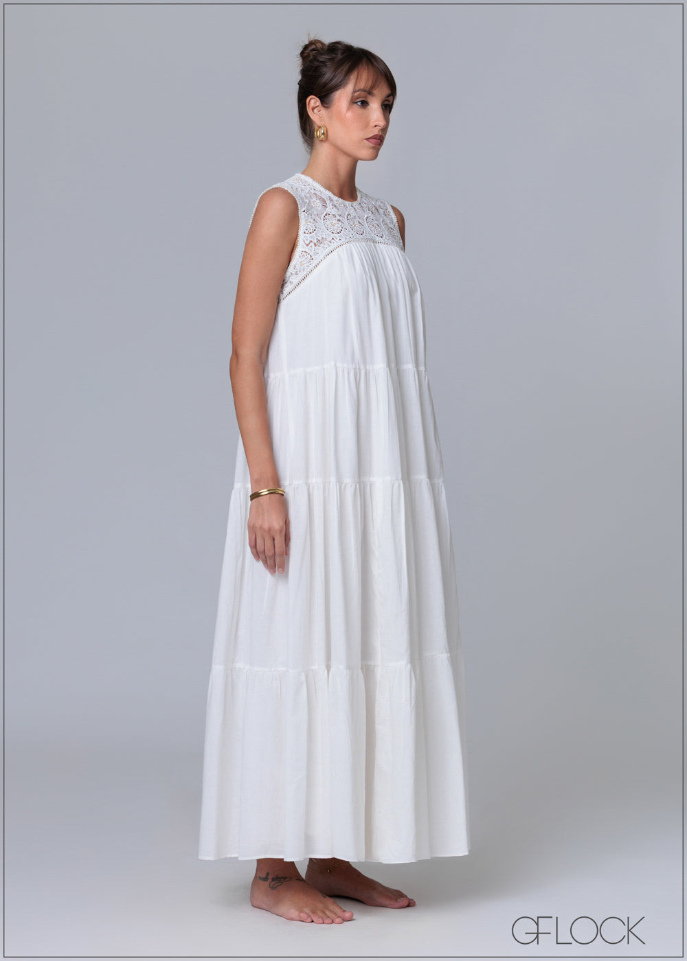 Crochet Yoke Hand Embroidered Maxi Dress - 231125