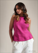 High Neck Linen Top - 250825