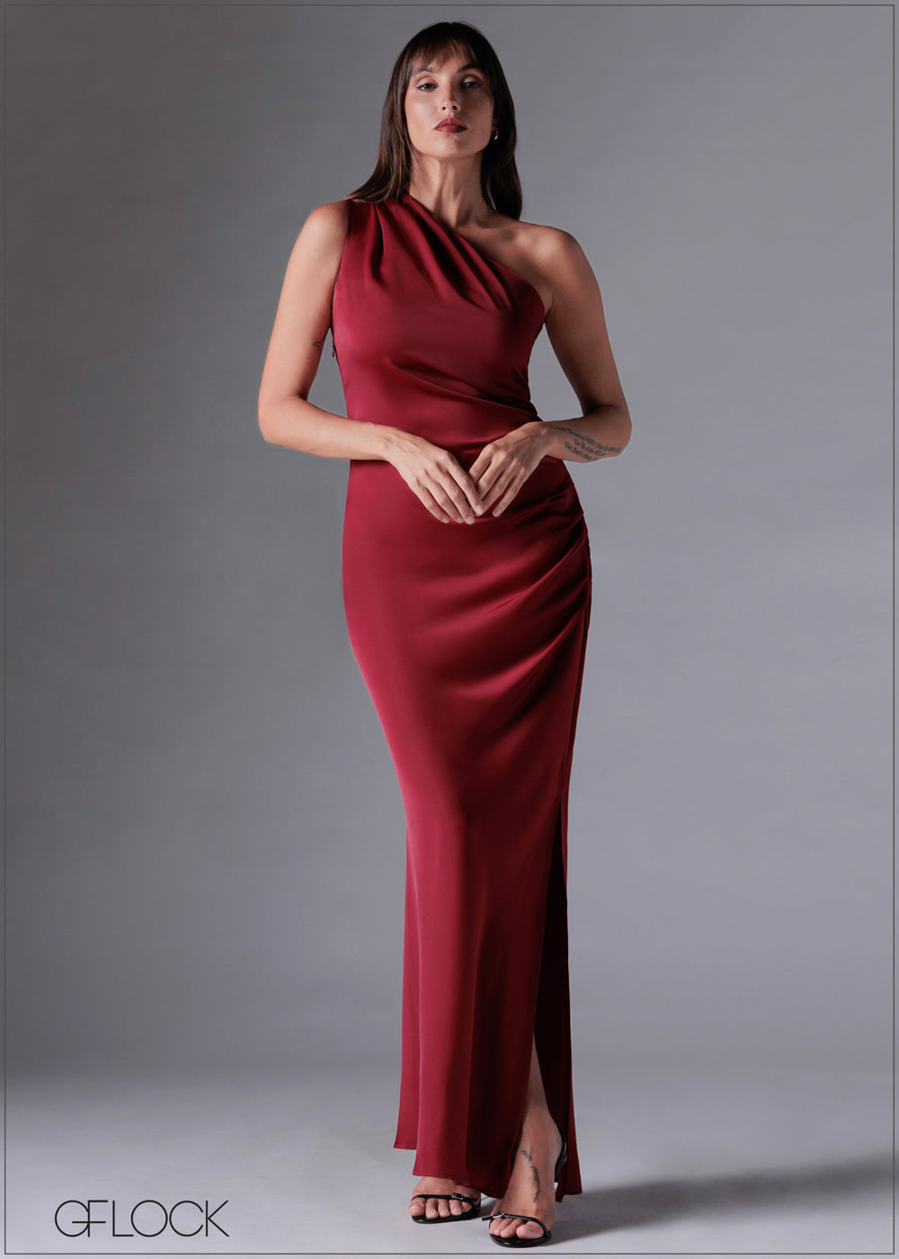 One Shoulder Pleated Midi Dress - 211225C