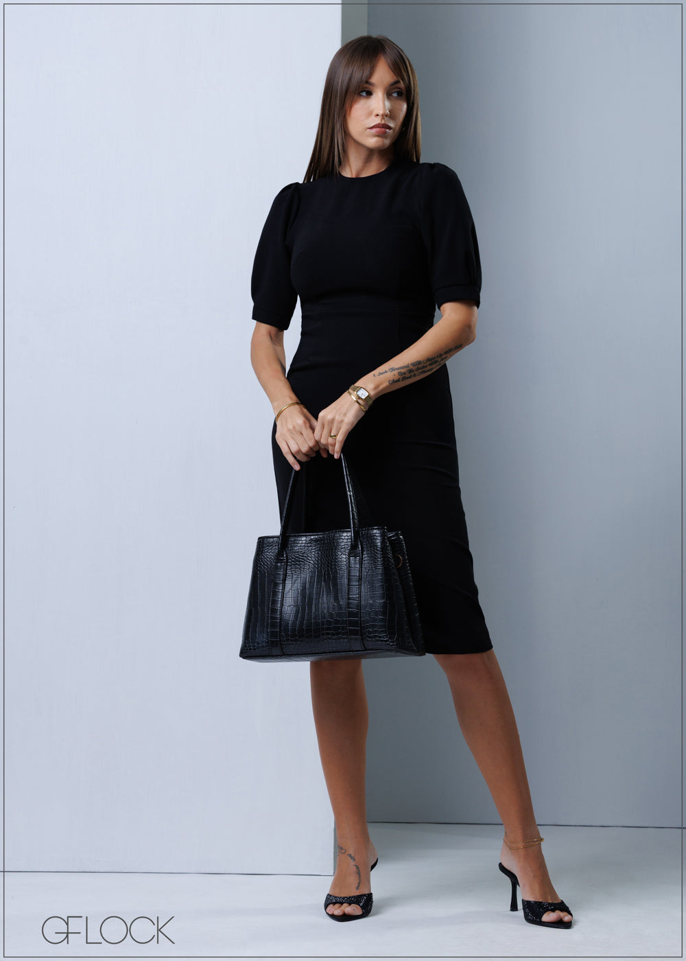 Puff Sleeve Midi Dress - 211125