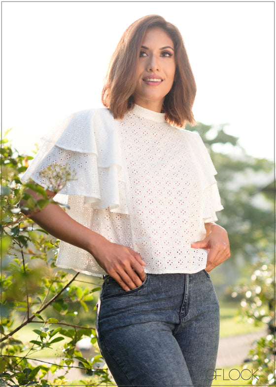 Flared Sleeves Cut-Lawn Top - 100524