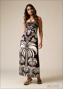 Printed Tie Neck Split Dress - 150626