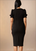 V-Neck Puff Sleeve Midi Dress - 180926