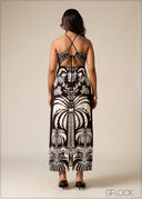 Printed Tie Neck Split Dress - 150626