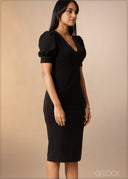 V-Neck Puff Sleeve Midi Dress - 180926