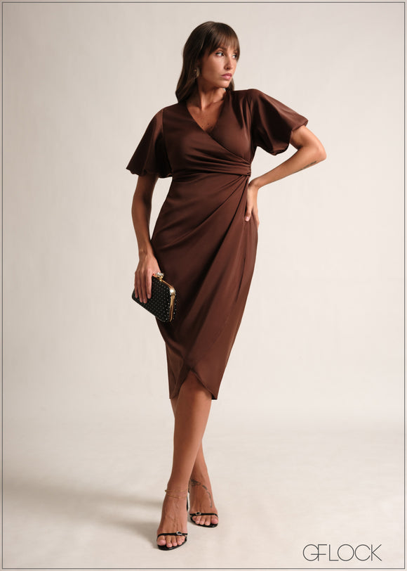 Puff Sleeved Wrapped Midi Dress - 190126