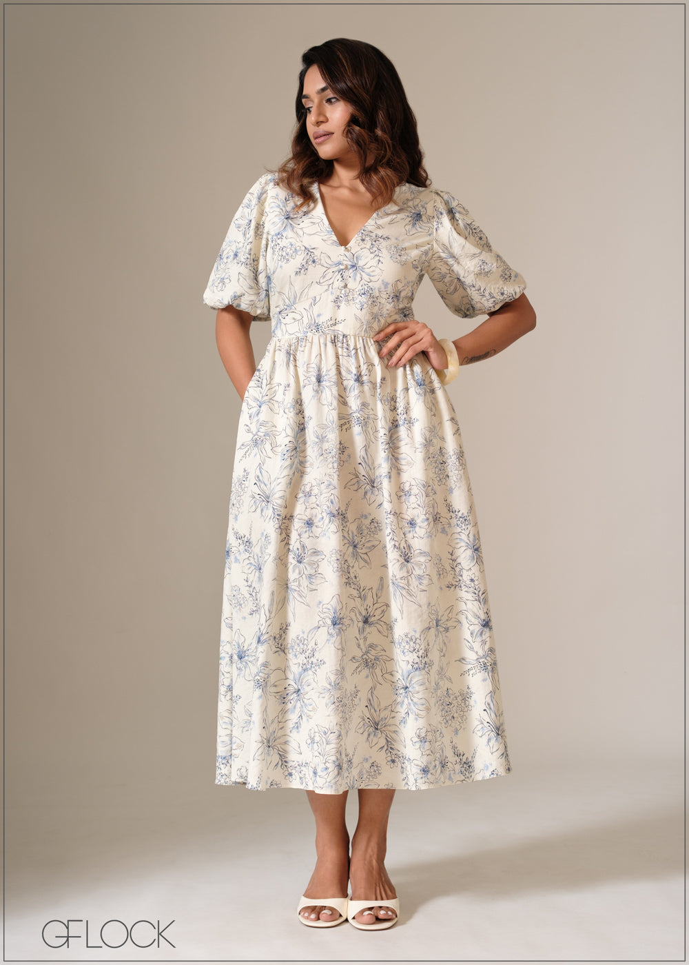 V-Neck Puff Sleeve Dress - 090126