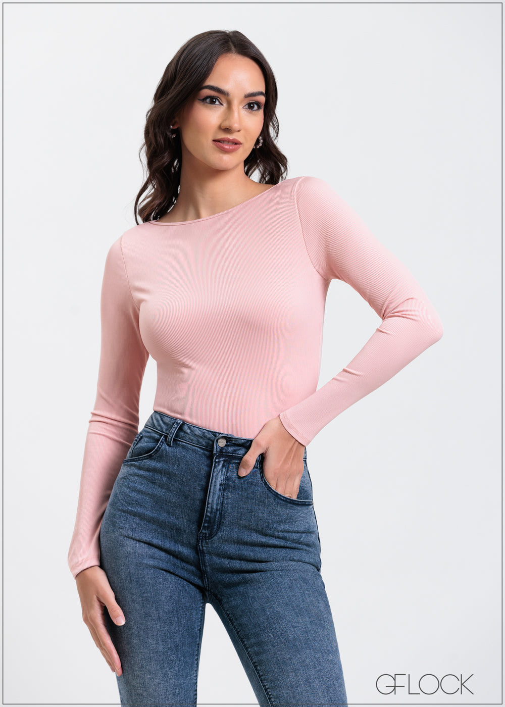 Boat Neck Long Sleeve Rib Top - 310325
