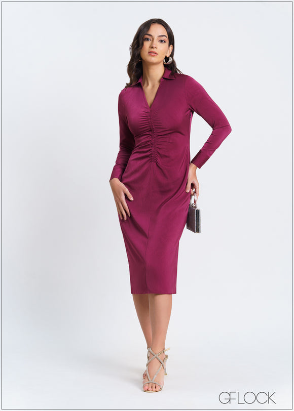 Collared Front Ruched Dress - 030225