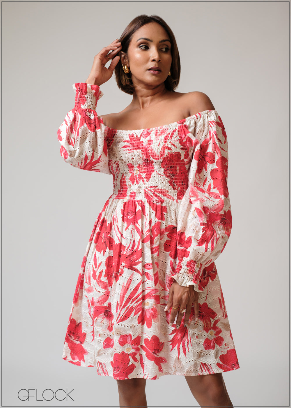 Smocking Detail Printed Embroidery Dress - 230625