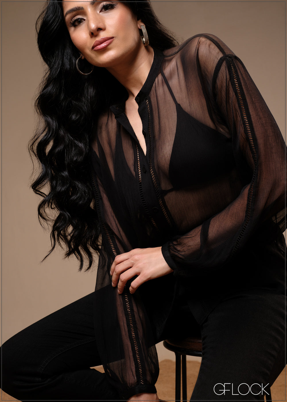 Tunic Collar Lace Insert Mesh Top - 100425I