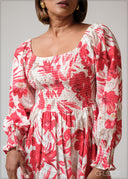 Smocking Detail Printed Embroidery Dress - 230625