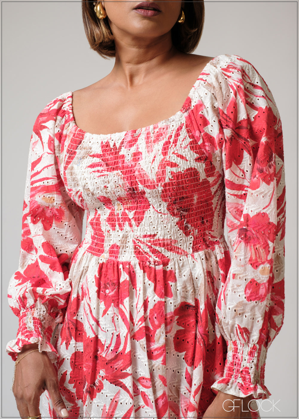 Smocking Detail Printed Embroidery Dress - 230625