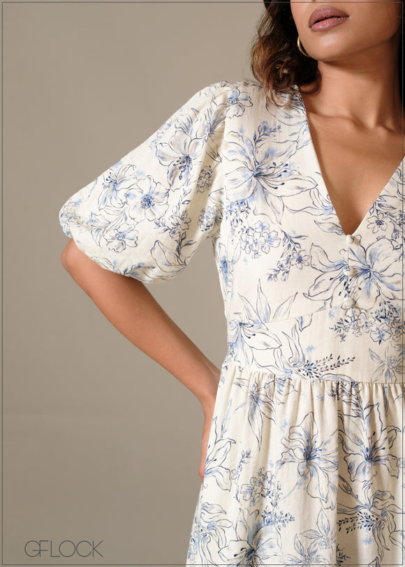 V-Neck Puff Sleeve Dress - 090126