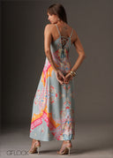 Flowy vibrant printed V-neck maxi slip dress