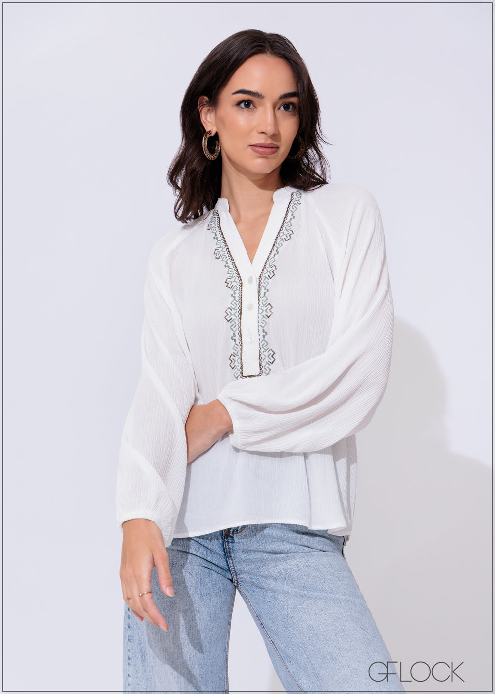 Embroidery Long Sleeve Top - 300425