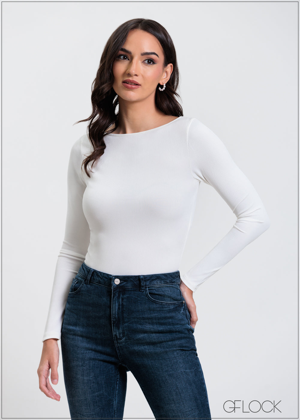 Boat Neck Long Sleeve Rib Top - 310325