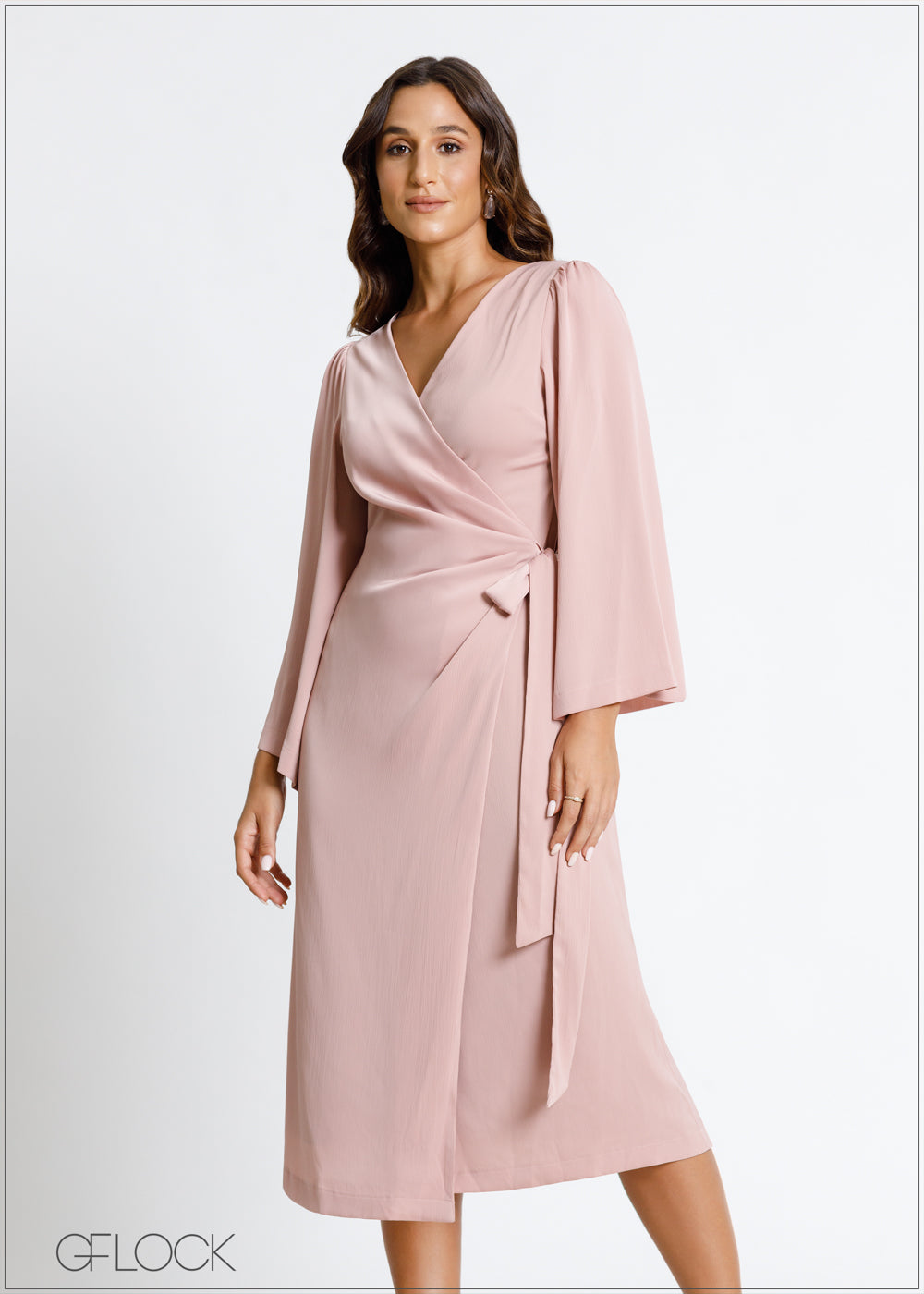 Flare Sleeved Wrap Tie-Up Midi Dress 010724 01 - Main Image