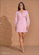 Balloon Sleeve Wrap Tie-Up Mini Dress - 260724