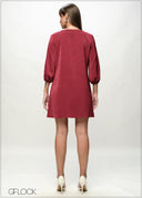 V-Neck Puff Sleeve Shift Dress - 090226