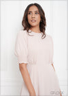 Round Neck Puff Sleeve Midi Waisted Dress - 150923