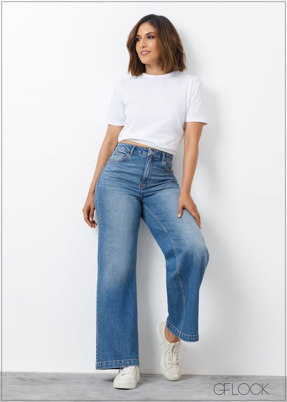 Mid Wash Wide Leg Jean - Short Length - 310324