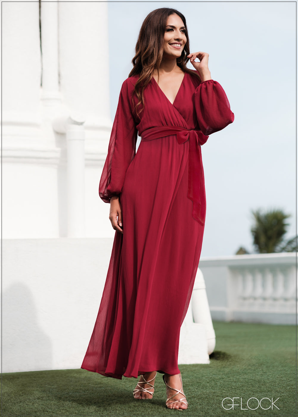 Balloon Sleeved Tie Up Maxi Dress 180823 - Main Image