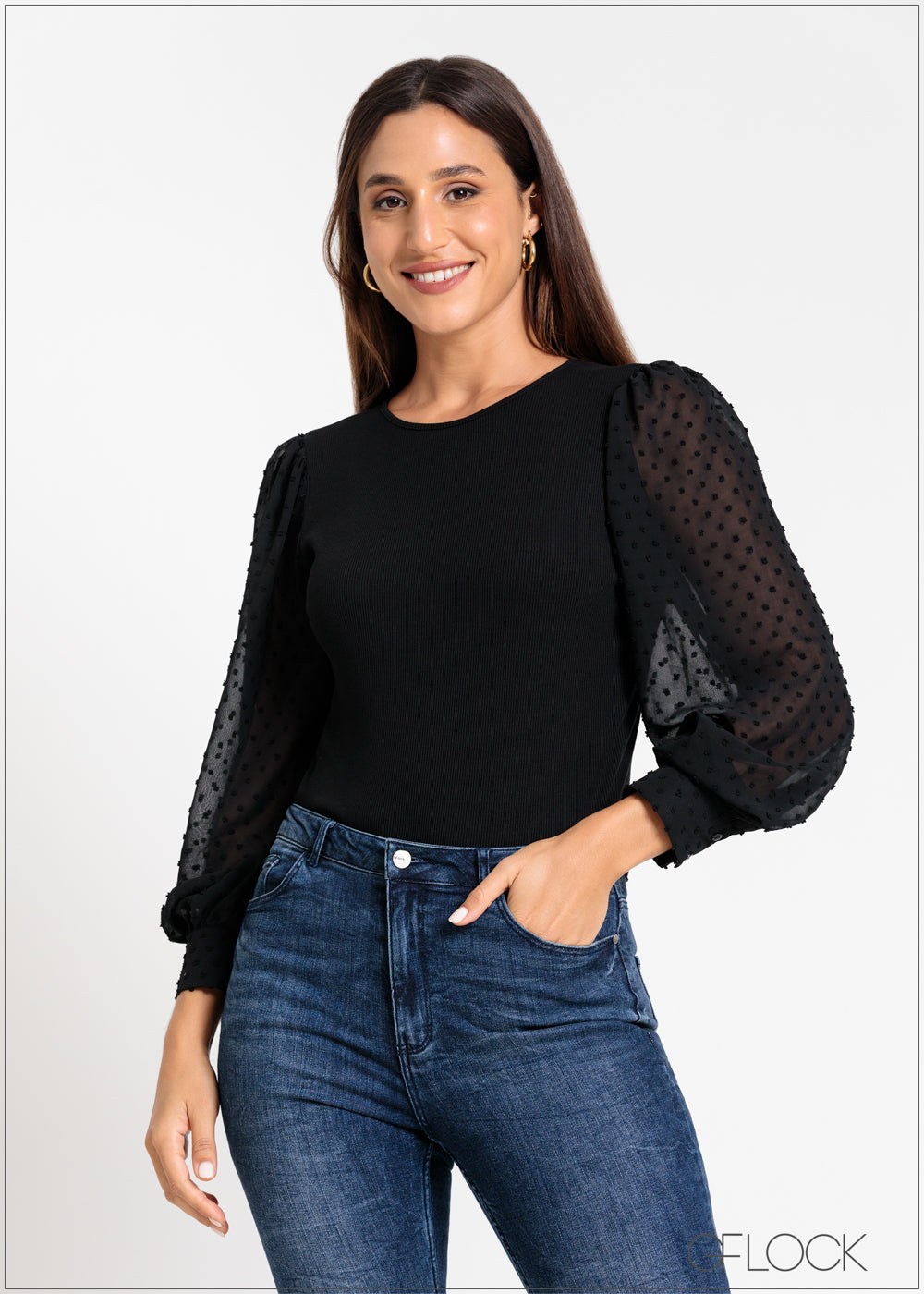 Swiss Dot Sleeve Rib Top - 181124