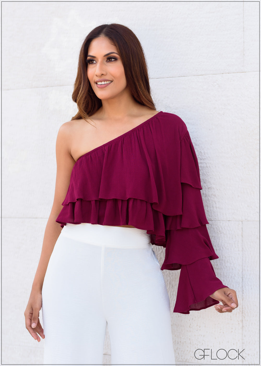 Ruffle Layered One Shoulder Top 280723 GFLOCK.LK