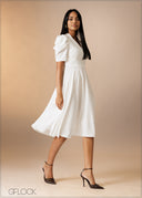 Puff Sleeve Flare Midi Dress - 180926
