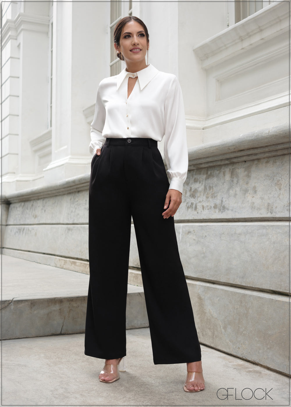 Work Outfit Idea WideLeg Trousers a ShortSleeve Blouse and Heels   Glamour