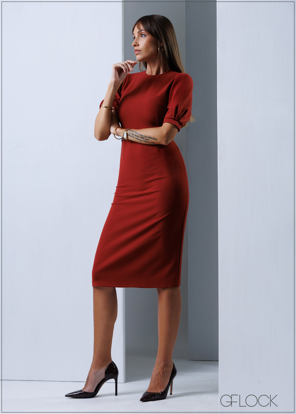 Puff Sleeve Midi Dress - 211125