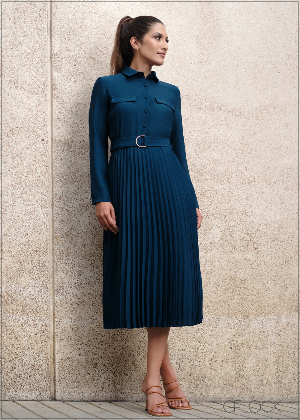 Pleated Belted Dress With Pockets - 260723
