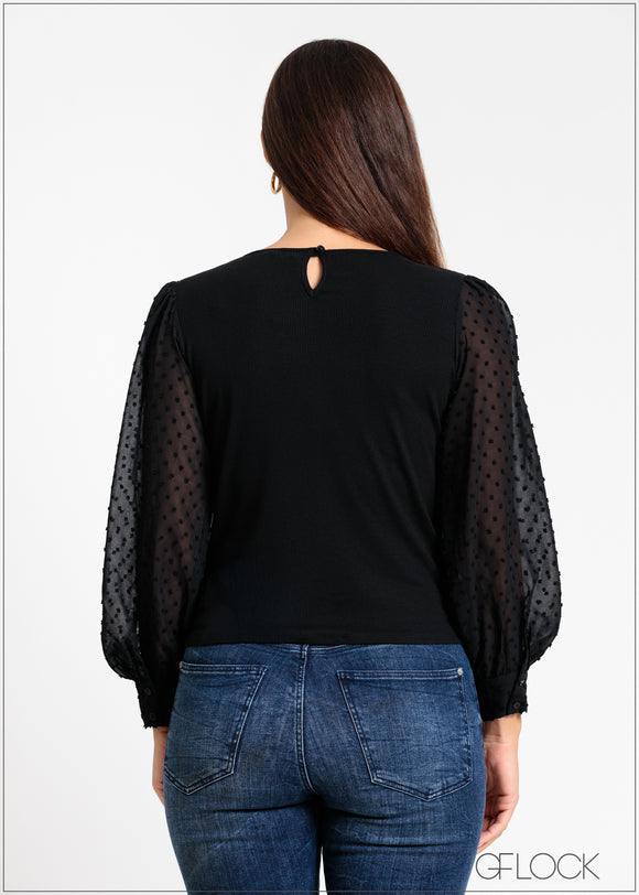 Swiss Dot Sleeve Rib Top - 181124