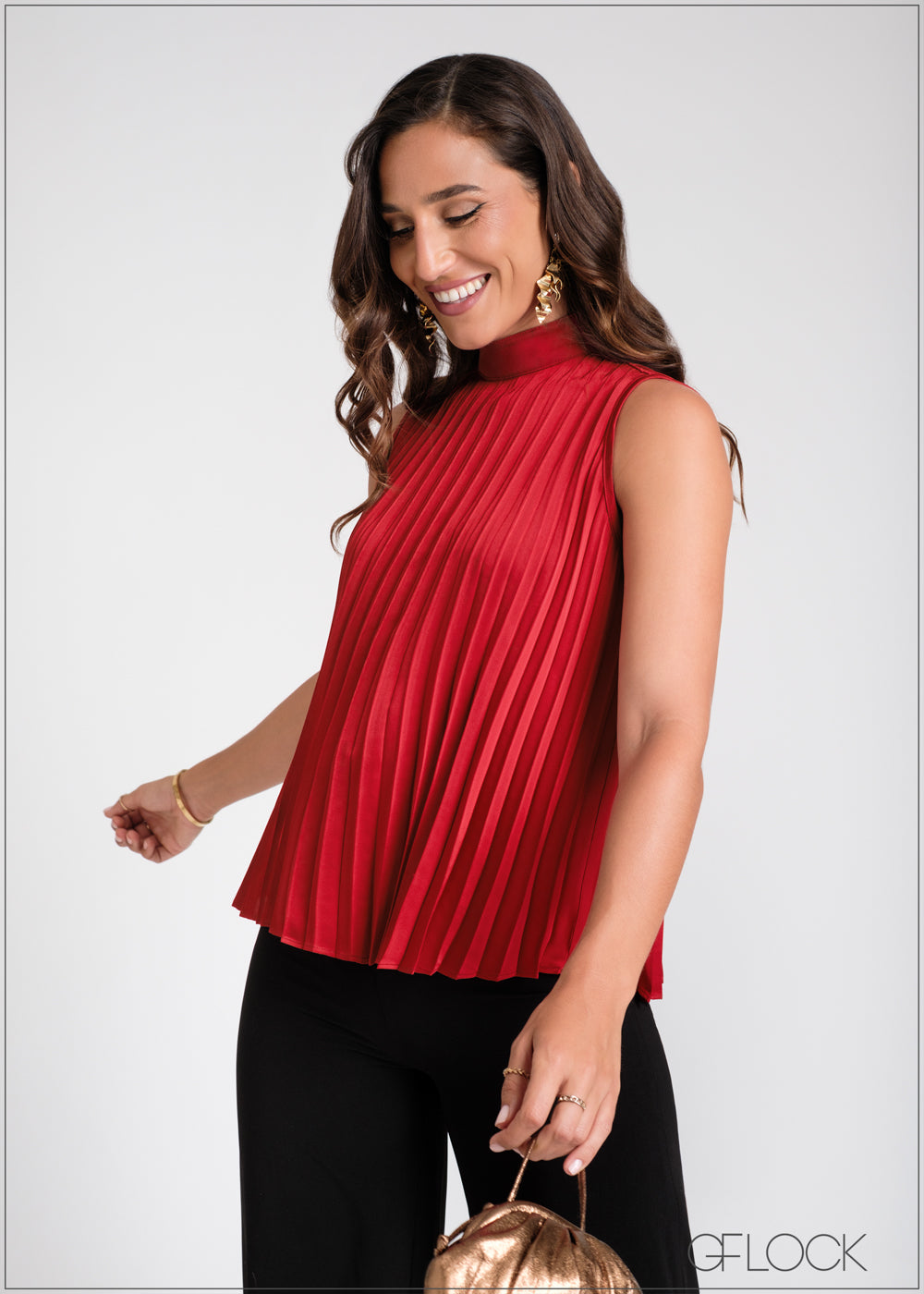 High Neck Sleeveless Pleated Top - 100225