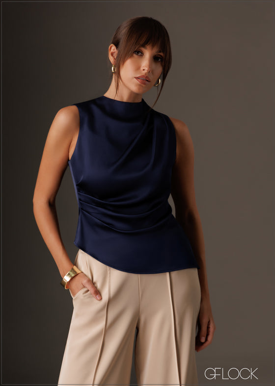 High neck pleat detailed satin top