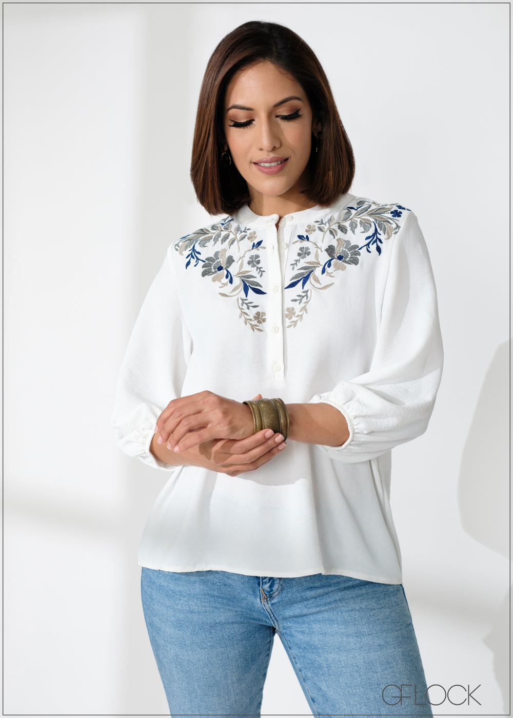 Embroidery Puff Sleeve Top - 220124