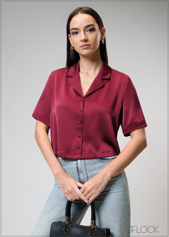 Short Sleeve Lapel Collar Top - 210325