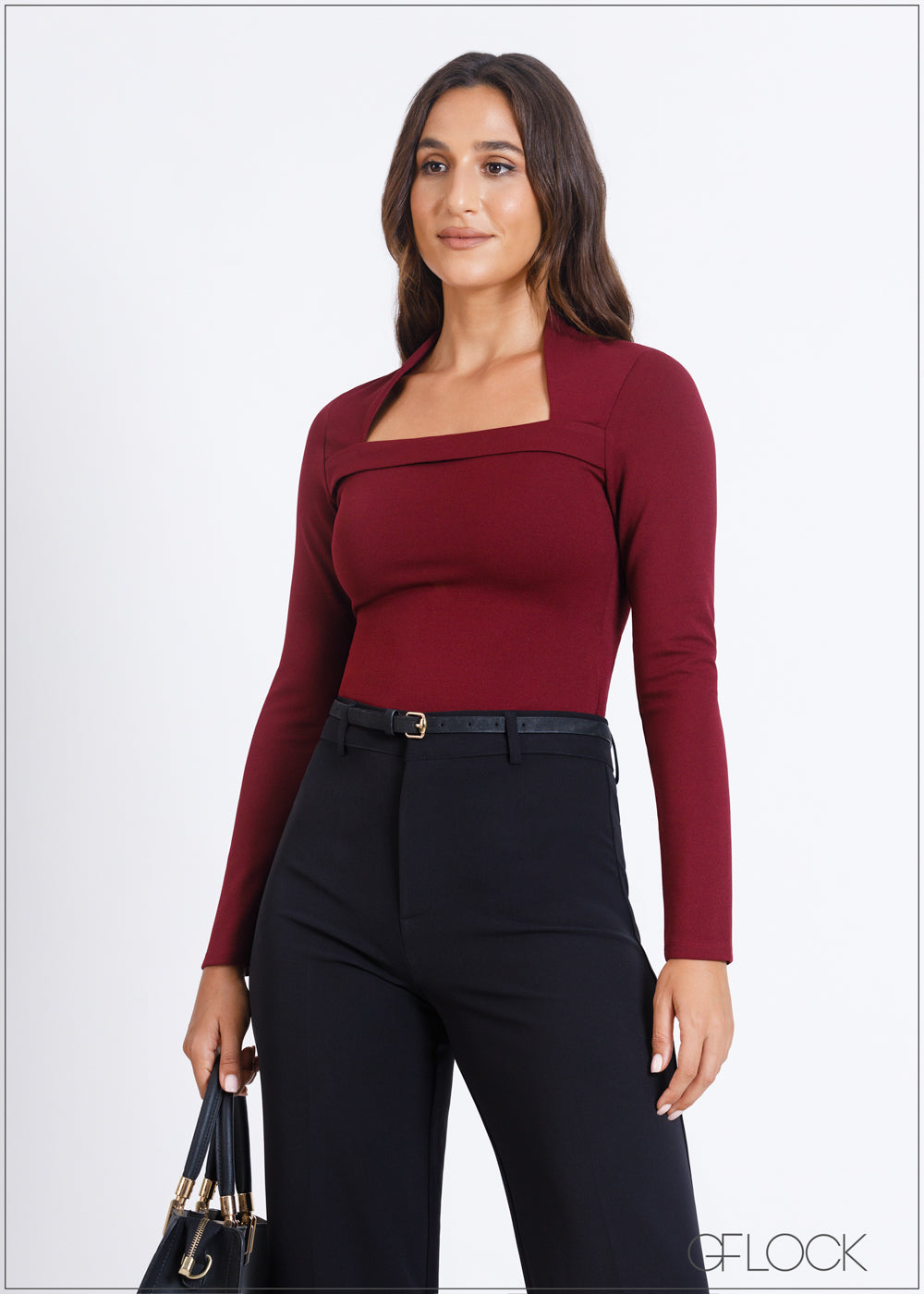 Long Sleeve Top With Queen Anne Neckline 290724 GFLOCK.LK