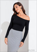 One Shoulder Long Sleeve Rib Top - 070125