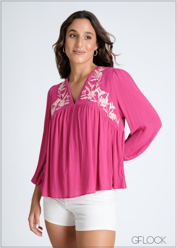 V-Neck Embroidery Top - 080724
