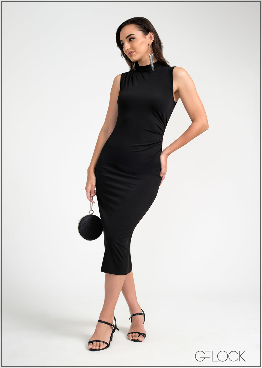 High Neck Side Pleated Midi Dress - 050925