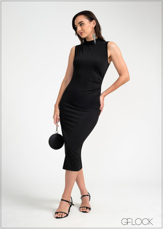 High Neck Side Pleated Midi Dress - 050925