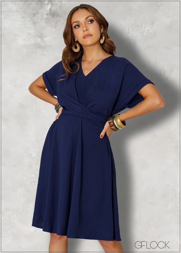 Solid Twist Front Batwing Sleeve Dress - 080324
