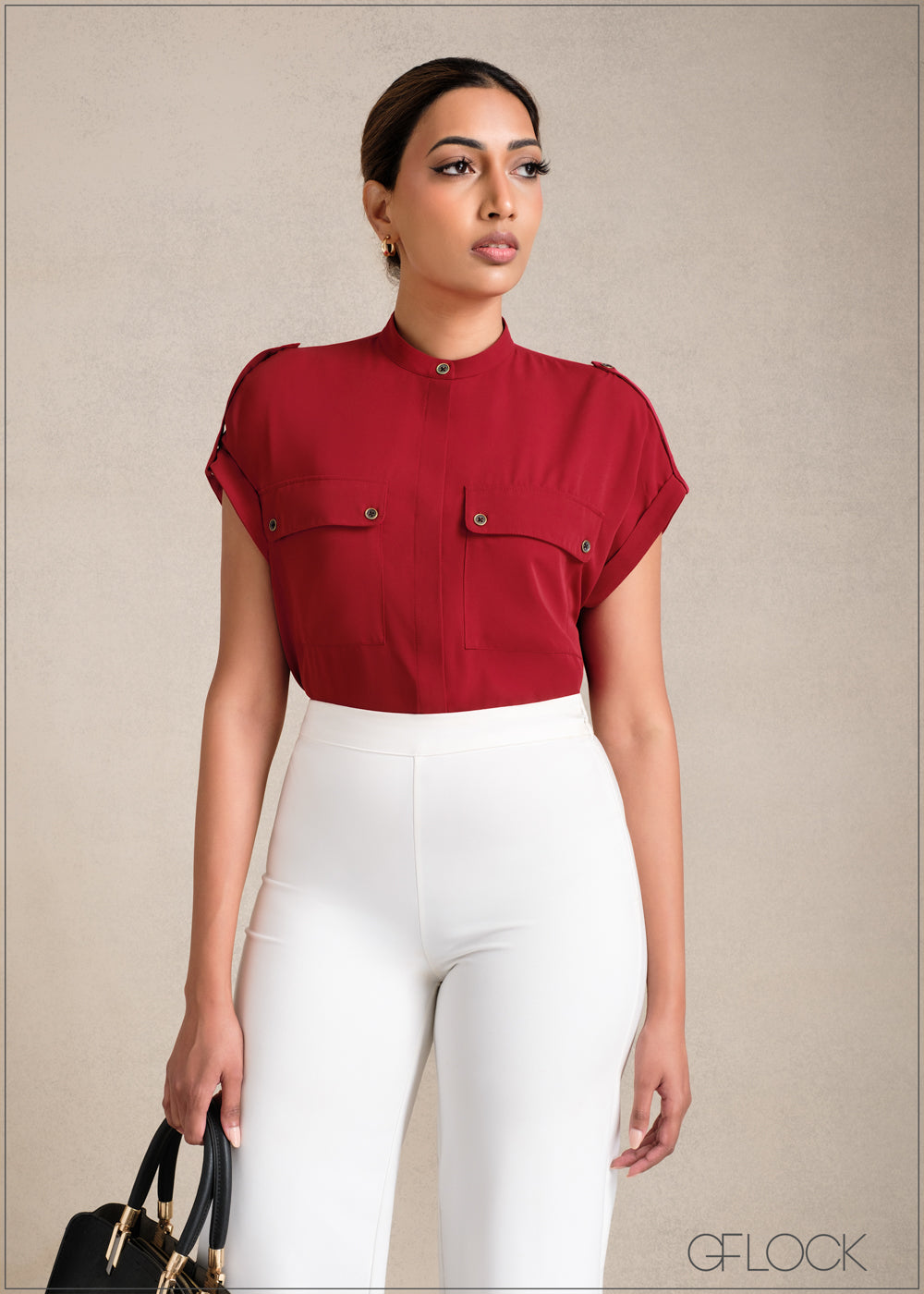 Turn-Up Short Sleeve Top With Patch Pockets - 281223